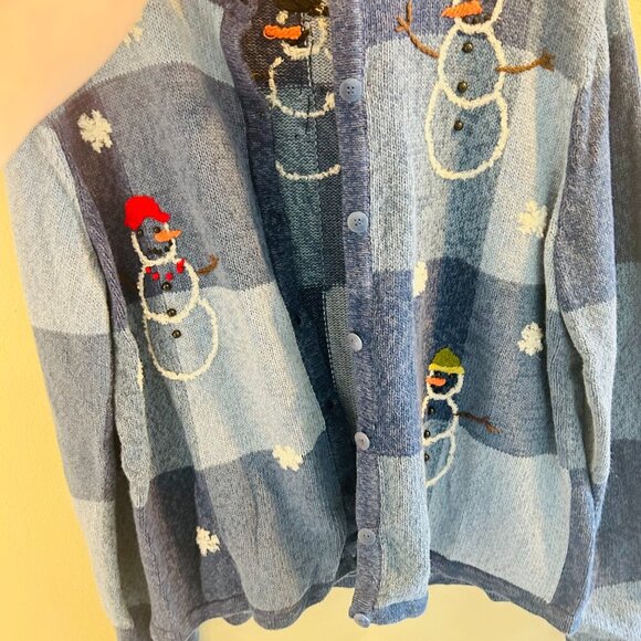 Breckenridge Snowman Cardigan Womens Size Large Vintage Blue Applique Sweater - Picture 9 of 11
